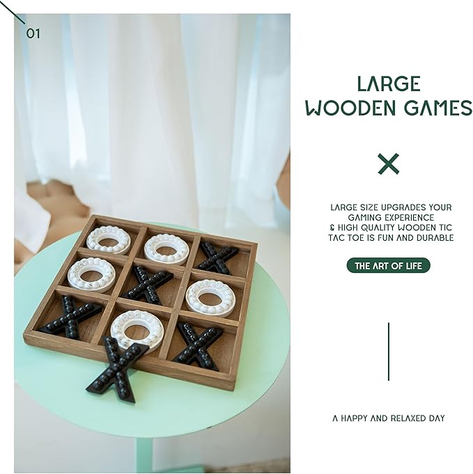GENMOUS Wooden Tic Tac Toe Game Board for Seniors Family Indoor 10.6 Inch White Rustic Giant Tic Tac Toe Coffee Table Decor Tic Tac Toe Board Game Fun for Family Travel Outdoor Game Room Decor