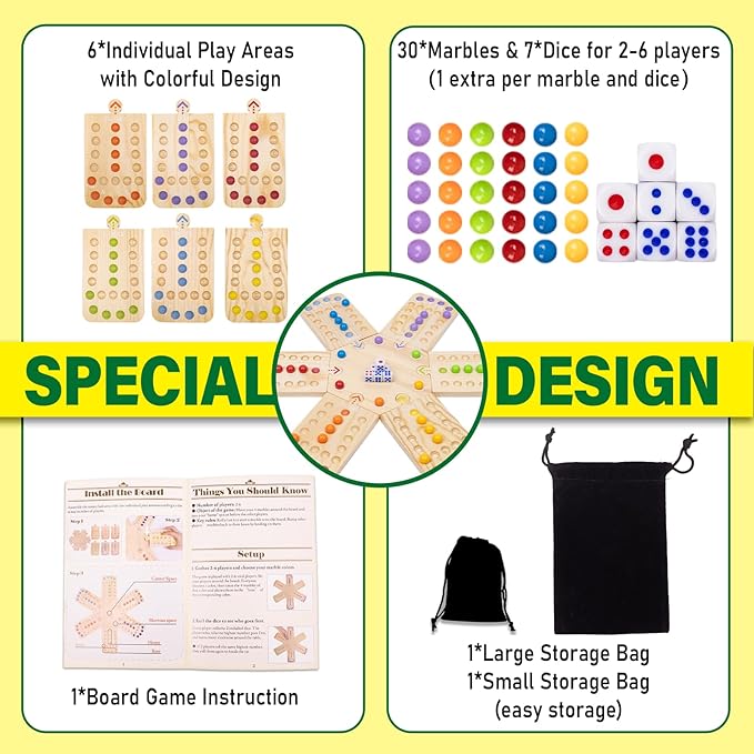 Original Marble Board Game Set Portable Wooden Tabletop Game with 30 Marbles and 7 Dice for Family Party Nights (2-6 Players)