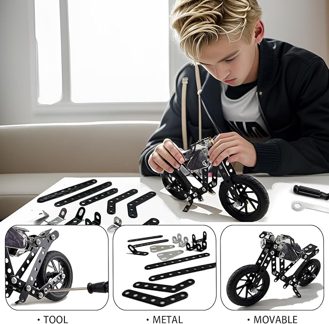 Metal Model Motorcycle Kits - 117 Pcs Erector Sets for Boys Age 8-12 Motobike Building Toys STEM Kits for Kids Age 8-10 Assembly Car Project for 14 and Up Gifts for 15 16 Year Old Boys and Adults