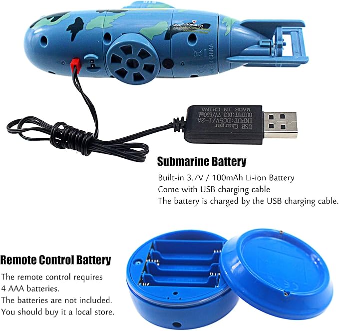 Tipmant Mini RC Submarine Toys Remote Control Boat Electric Swim Diving Fish Tank Water Tube Kids Birthday Gifts (Blue)
