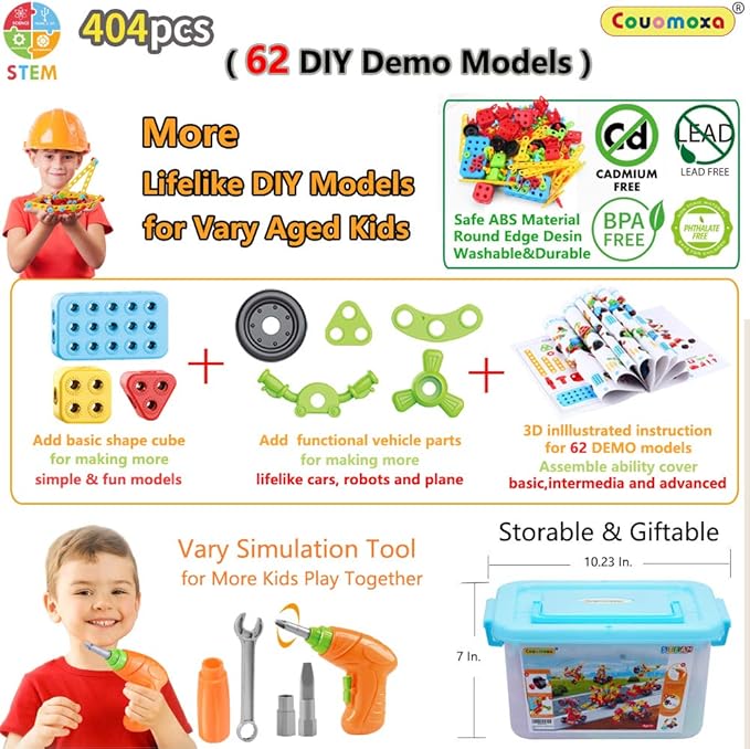 COUOMOXA 404 Pcs Building Toys STEM for Kids: 62 DIY Demo Models Construction Creative Set - Educational Toy for 5 6 7 8 9 10+ Years Old Kids Home School - Birthday Gift for Boys Girls