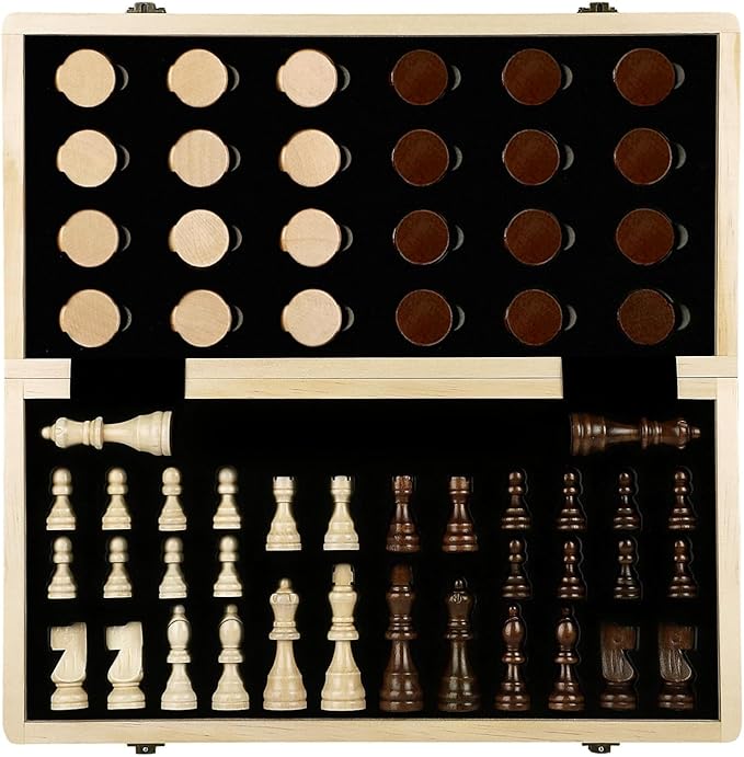LEAP Wooden Chess and Checker Sets - 15 Walnut &amp Maple Folding Chess Board with 2 Extra Queens | Chess Board Set | Wooden Chess Sets for Adults