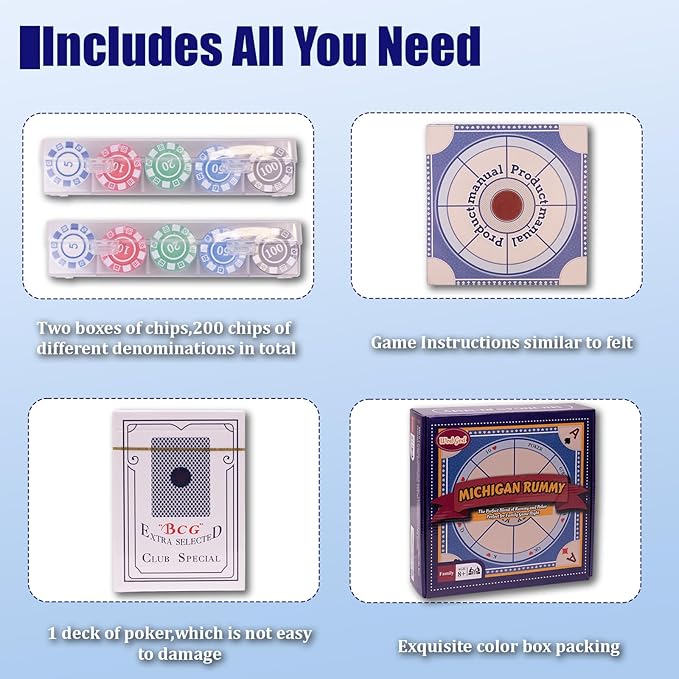 Michigan Rummy Deluxe Board Game SetTripoli Board GameIncludes A 27.6in Felt Game Mat 2 Boxes of Playing Chips (200 Pieces) 1 Deck of Poker1 Game InstructionsPerfect for Family Game Night