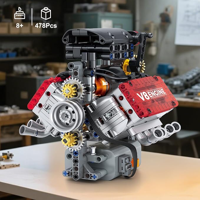 V8 Engine Building SetV8 Engine Model kit that RunBuild Your Own STEM Mini V8 Model Engine Kit with Battery and Motor8-Cylinder Car Engine Building Engineering Toys for Kids Adults(478PCS)