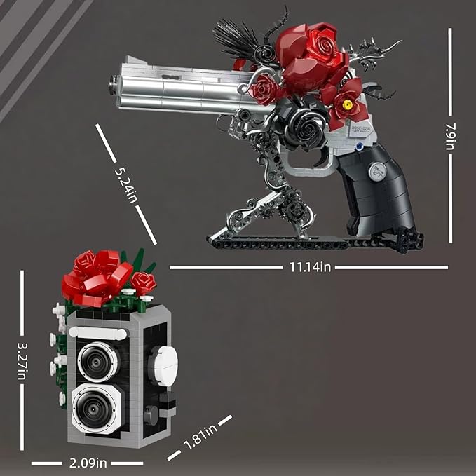 Gothic Revolver &amp Red Rose Building Block Set Micro Mini Camera Building Blocks Dark Romantic Guns and Petals Display Decor Creative Collectible Gifts for Adults Teens 14+