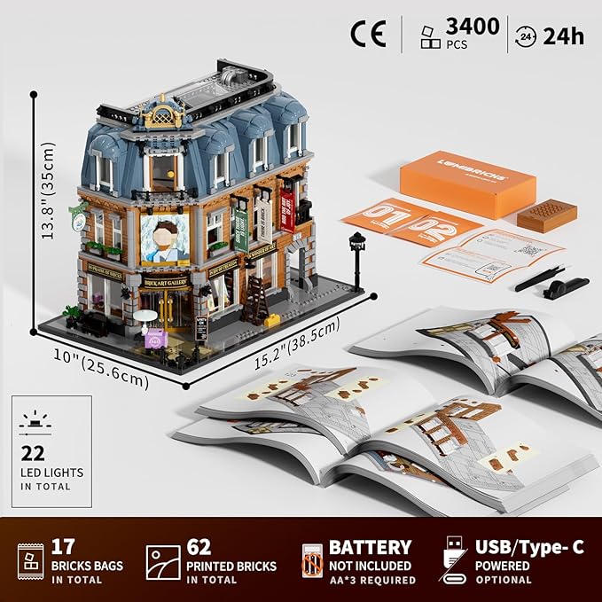 Brick Art Gallery Lighting Building Bricks Set - Town Life City Modular Collection Kit with Minifigures 3400 Pcs for Adults &amp Teen &amp Visual Art Lovers