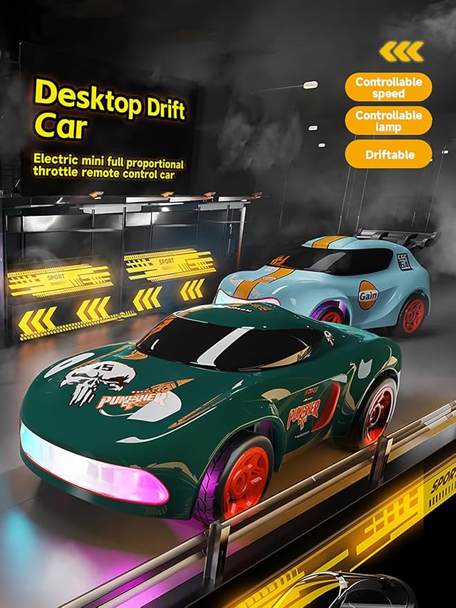Mini RC Drift Car for Adults 1/64 Desktop Drift Car with Colorful Lights Desk Remote Control Cars for Race Hobby Gifts and Toys (Matte Green Concept Model)