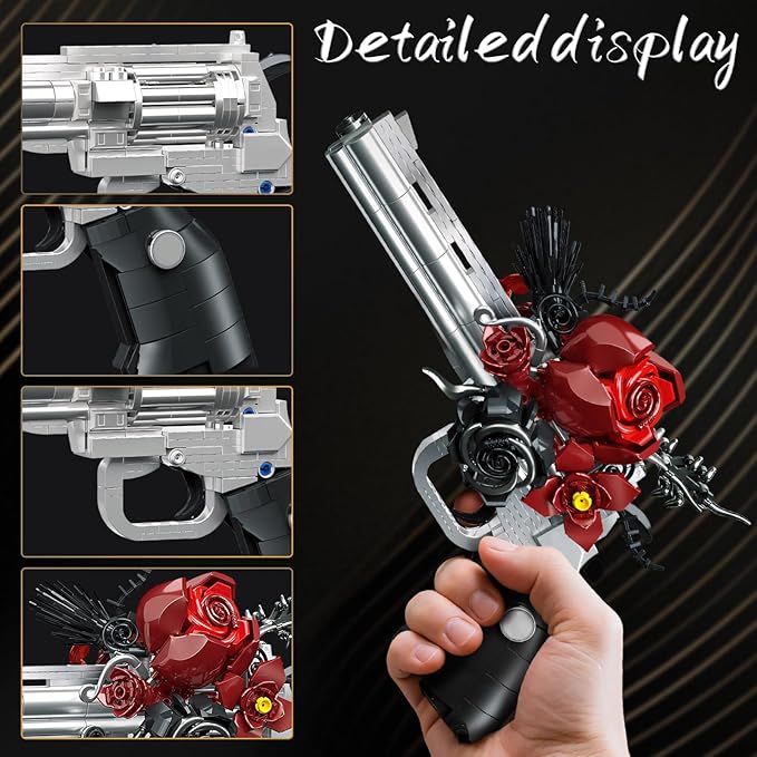 Guns &amp Petals Decorative Revolver Building Blocks with Red Roses Gothic Rose Revolver Building Kit Gothic Style Display Piece Creative Gift for Adults Teens 631 PCS