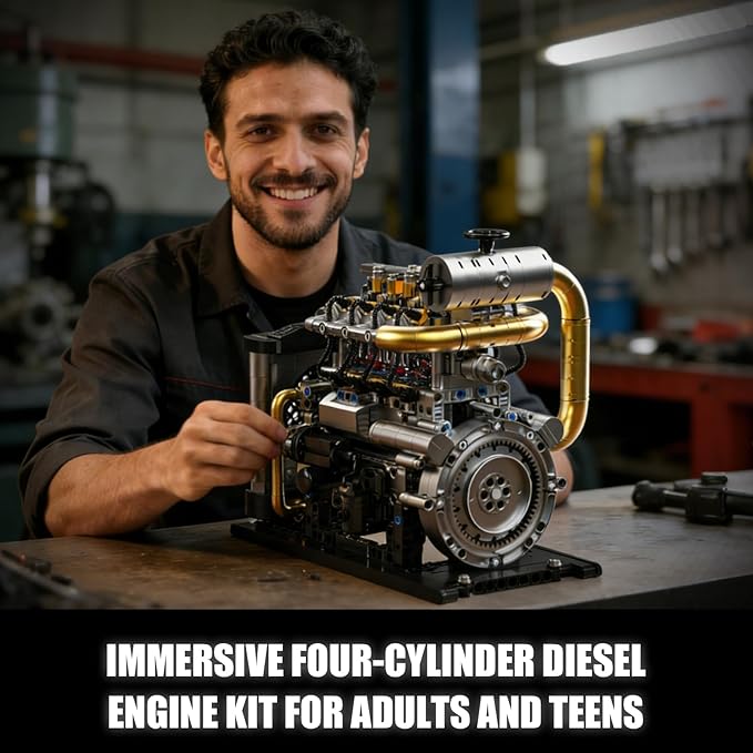 Diesel Engine Model Kit That Runs for Adults MOC Mini Inline 4-Cylinder Diesel Engine Building Set with Motor Compatible with Lego Mechanical Engineering STEM Toy for Teens (1029 PCS)