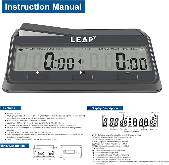 LEAP Chess Clock 9921 Updated Programme Byo-yomi Delay Bonus with Large Screen