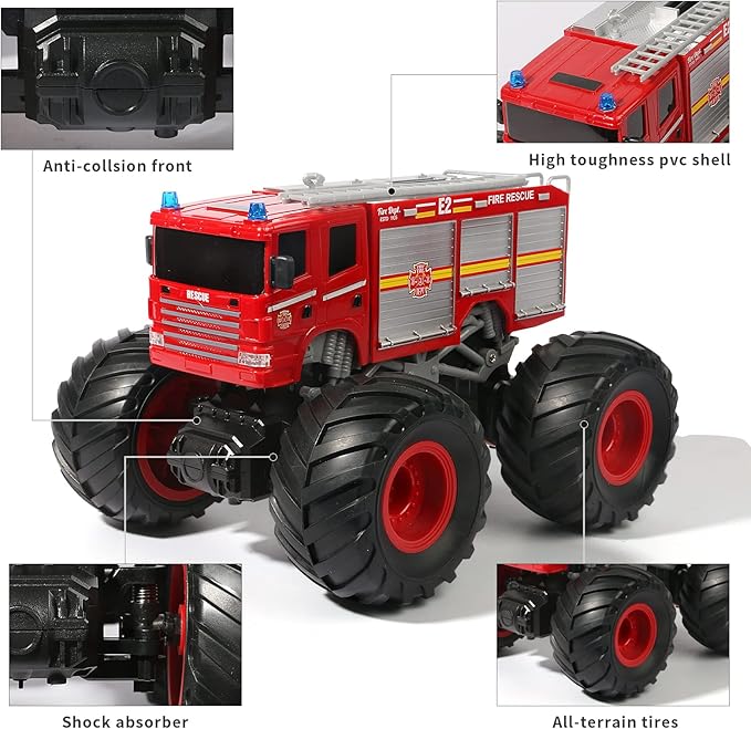 Remote Control Fire Truck Monster Truck Toy1/18 RC Fire Truck2.4GHz Offroad Hobby RC Racing Car with LED High Speed Best Gift for Kids