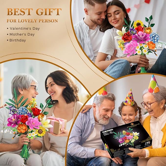 Flower Bouquet Building Set 1043 PCS Bouquet Botanicals Collection Easter Gift for Her Girlfriend Wife 15 Artificial Flowers Building Blocks Home Decor for Adults Kids Teens Women Birthday