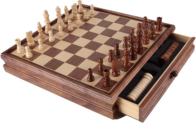 GSE Games &amp Sports Expert 15 Large Wooden 2-in-1 Chess &amp Checkers Board Game Combo Set with Drawer Board Games Chess Checker Set for Kids &amp Adults