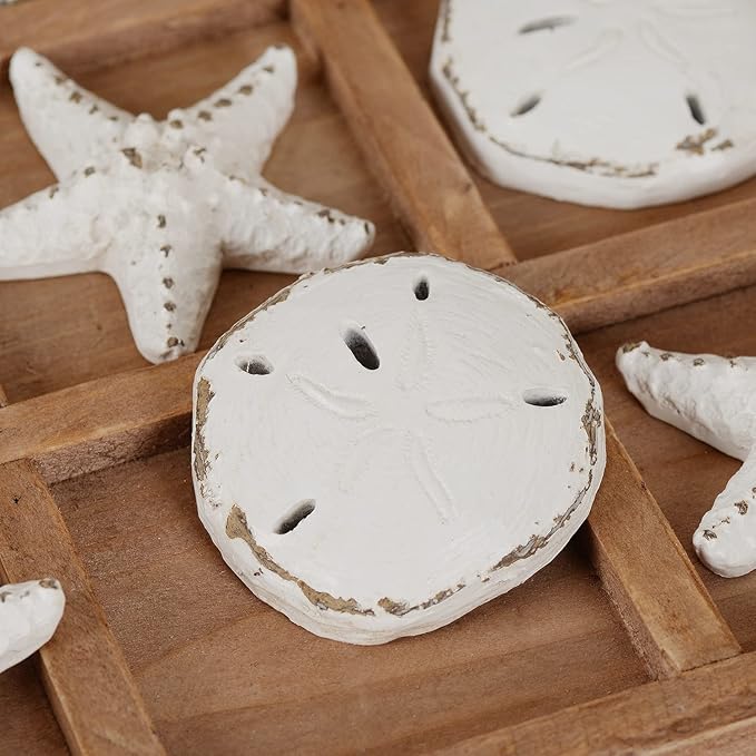 NIKKY HOME Beach Tic Tac Toe for Fun Starfish Sand Dollar Coastal House Coffee Table Decor Wood Board Travel Game 8.97 by 8.97-in Distressed White