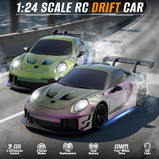 RC Drift Car 1:24 4WD Remote Control Cars Vehicle with LED Light2.4GHz 20KM/H High Speed RC Cars with Two Batteries &amp Drifting Tires Racing Sport Toy for Adults Boys Girls Kids