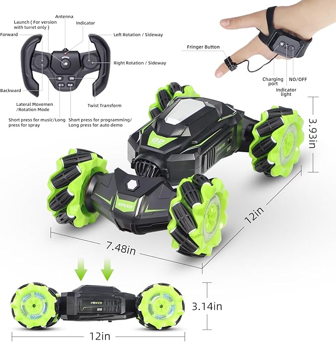Rc Car Shoot SoftBulletFits for Nerf Remote Control Hand Gesture Stunt Drift Truck 360°Rotating Battle Tanks with Soft Bullets Water Bomb Spray Music Led Toy Gifts（Green）