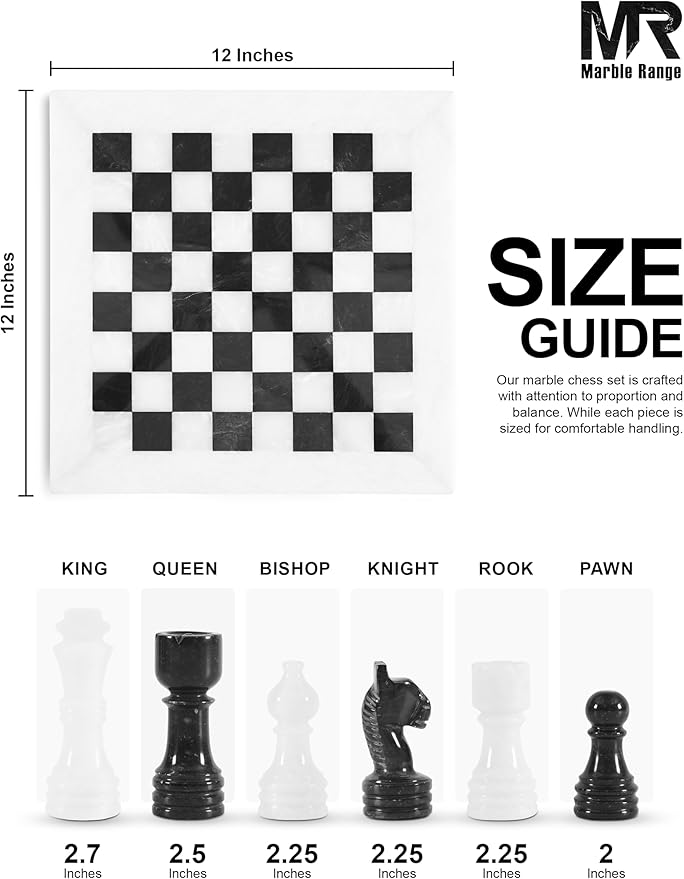 Marble Chess Set for Adults 12 Handmade White &amp Black Board Game with 32 Chess Pieces 2 Extra Queens &amp Storage Box Luxury Travel Game Elegant for Home Decor
