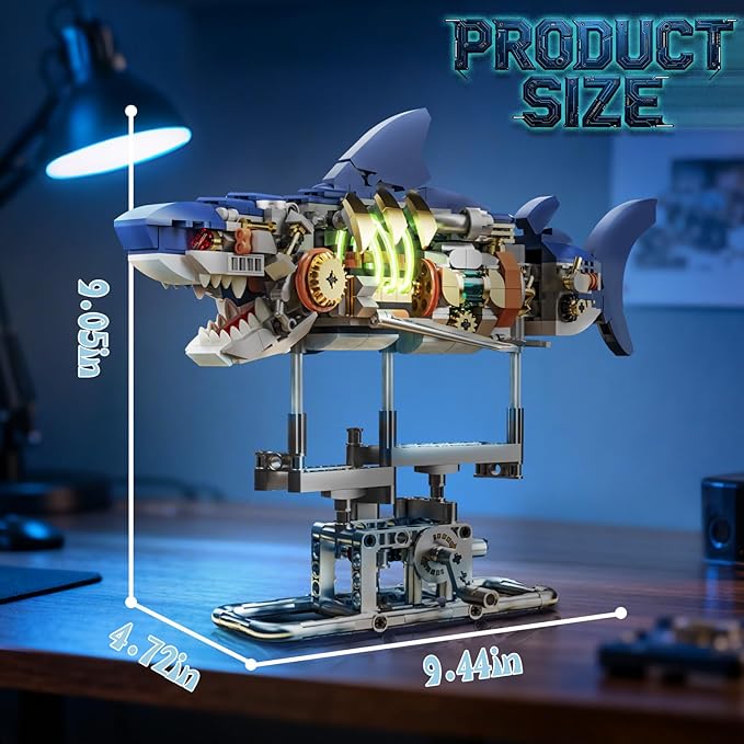 Mechanical Shark Building Block Set with Light Compatible with Lego Shark 687PCS Movable Ocean Sea Animals with Display Stand STEM Fish Toys for Home Office Decor for Adults Boys