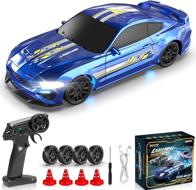 RC Drift Car 1/43 Scale Mini RC Drift Cars with Gyro 4WD Full Proporitonal High Speed Remote Control Car with LED Lights and Drifting Tires Hobby Racing Cars for Adults Kids Boys Girl Blue