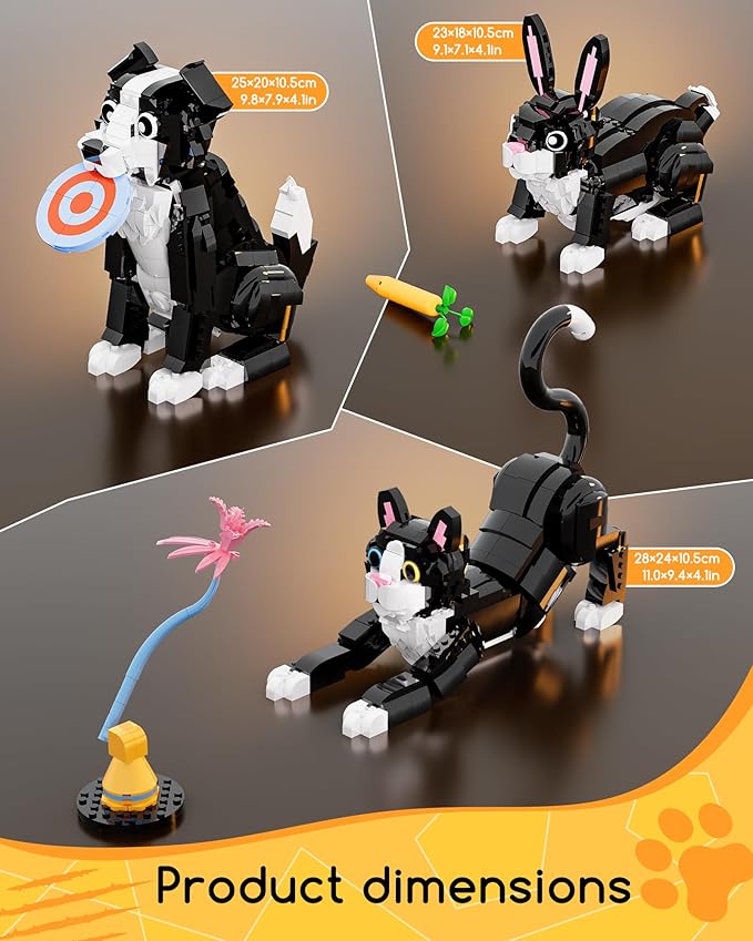 3 in 1 Animal Tuxedo Cat Building Set - Animal Figurines with 3 Building Options into Cat Dog or Rabbit - Learning Toy Birthday Gift for Kids Girls &amp Boys Ages 6+