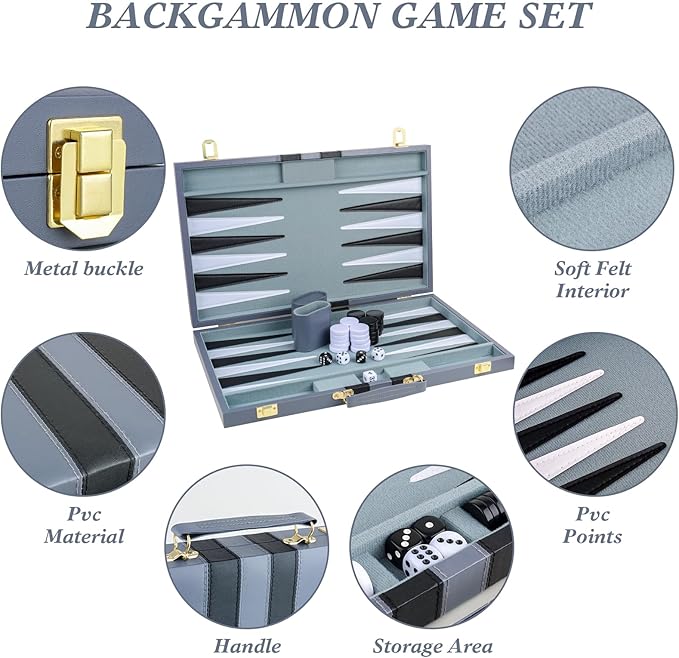 Backgammon Set 2 Players Classic Backgammon Sets for Adults Board Game with PU Leather Case Portable and Travel Backgammon Set (Grey 18inch)
