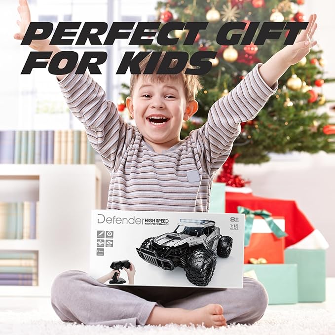 Tecnock RC Car 1/16 Scale Remote Control Car for Boys High Speed 20 Km/h All Terrains Rc Monster Truck with Two Rechargeable Batteries &amp Head Chassis Lights Gift Toy for Kids Adults Silver