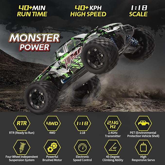 TENSSENX 1:18 Scale All Terrain RC Cars 40KPH High Speed 4WD Remote Control Car with 2 Rechargeable Batteries 4X4 Off Road Monster Truck 2.4GHz Electric Vehicle Toys Gifts for Kids and Adults