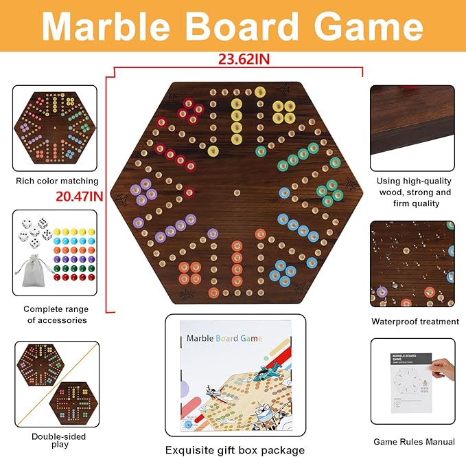 Extra Large Wahoo Board Game Wooden Original Board Game 2 Side Painted Fast Track Game for 4 Player and 6 Player with 30 Marbles6 Dices for Family Game Night (Brush Paint Burn Color)