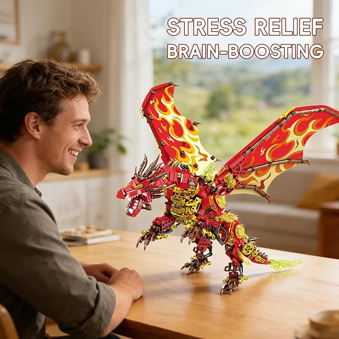 Armored Flaming Dragon Building Blocks Set Mechanical Style Red Dragon Model with Flame Details 3D Construction ToyIdeal Gift for Adults &amp Teens.