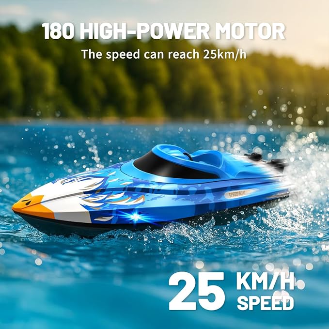 RC Boat 25KM/H High Speed Waterproof Remote Control BoatWater Cooling 2.4GHz Remote 2 Batteries LED Lights One-Key Flip Low Battery &amp Out-of-Range Alarm Pool &amp Lake Racing for Kids &amp