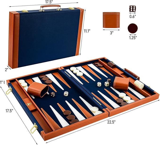 Backgammon Sets for Adults Large Backgammon Board Games Set 17.5 Inch Premium PU Leather Backga mon Game Portable Backgammon Case for Travel Classic Board Strategy Game Gifts Dark Blue