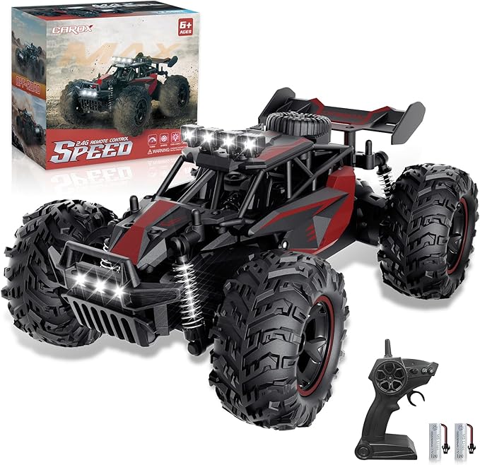 Carox Remote Control Car 2.4GHz 25KM/H High Speed RC Car 1:18 Off-Road Monster Truck with LED Lights and 1800mAh Rechargeable Battery – Ideal Gift for Boys 6+