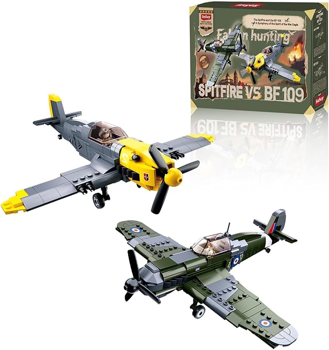 Sosuy WW2 Building Block Military Plane-Sets for Boys Men 1:32 Movable UK Spitfire &amp GE BF-109 Army Toys for Kids Ages 8+Spinning Propeller Pilots History Birthday Gifts for Teen Girls 580+ Piec