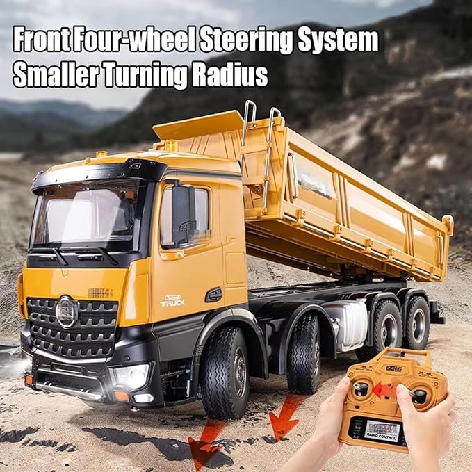 1:14 Scale RC Dump Truck 4WD 2.4Ghz RC Truck with Trailer 12CH RC Construction Vehicle with Light and Sound Four-Wheel Steering RC Toy Car for Boy Girl Birthday Gift