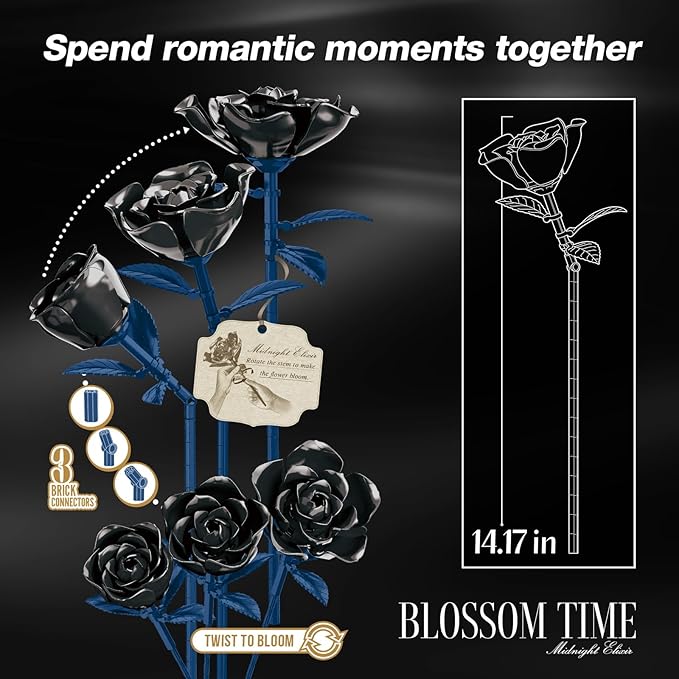 Rose Rotating Everlasting Flower Building Set Compatible Artificial Bouquet Elegant Home/Office Decor Accent for Tabletop Display Long-Lasting Home Decoration (Black)