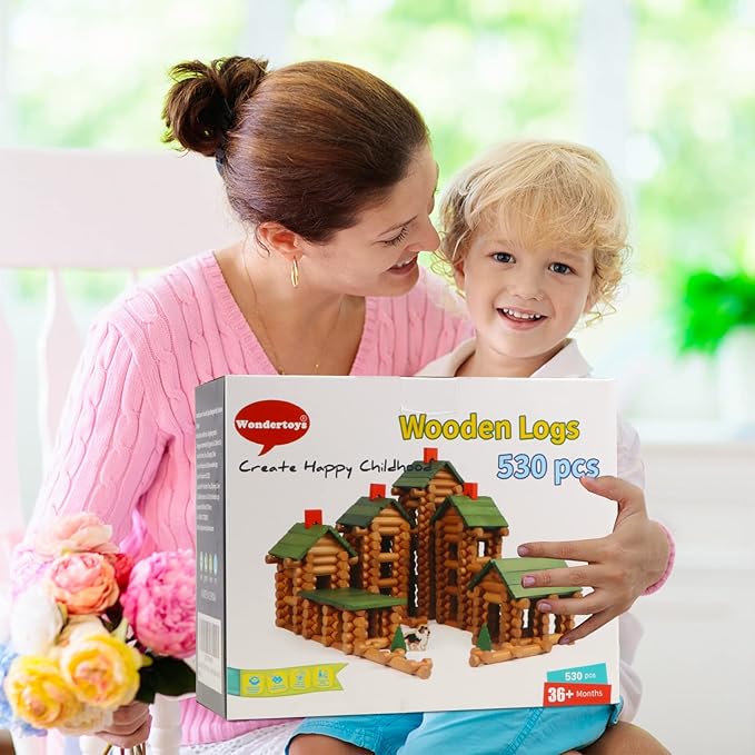 Wondertoys 530 Pcs Wooden Logs Set Ages 3+ Classic Building Log Toys for Kids Creative Construction Engineering Educational Gifts