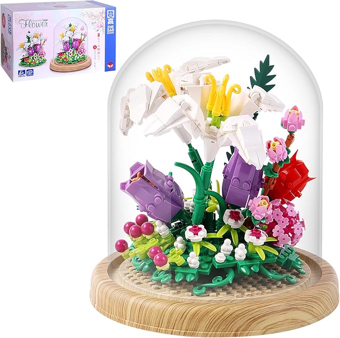 600+PCS Creative Lily Flowers Bonsai Tree Building setsSweet Lily Building Blocks with a Transparent Display Glass CoverExquisite Decoreated Flower SetAny time is the most warm love for Her