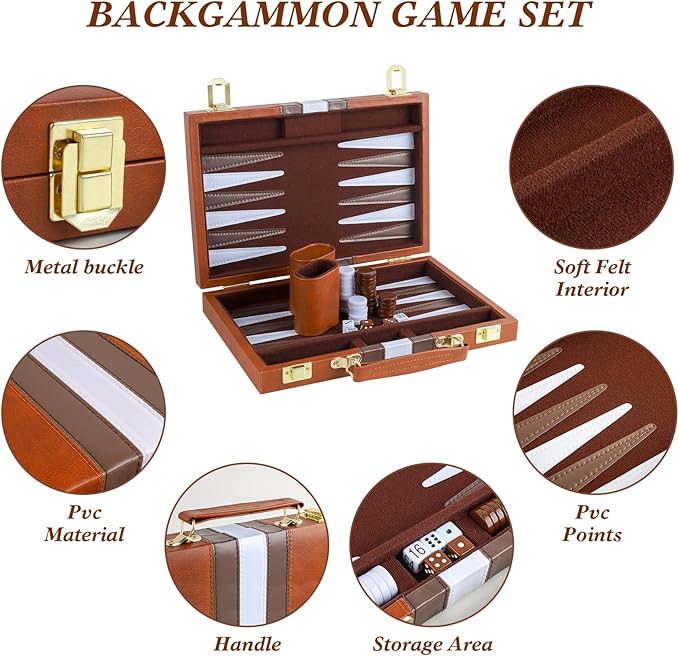 Backgammon Set 2 Players Classic Backgammon Sets for Adults Board Game with PU Leather Case Portable and Travel Backgammon Set (Brown 11inch)