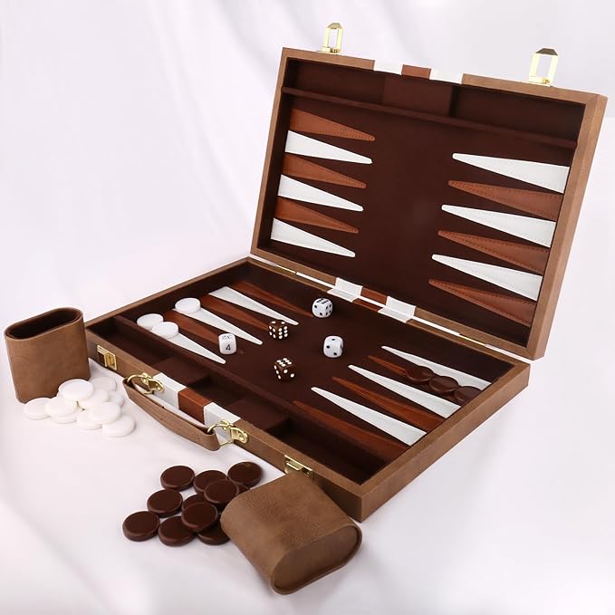 Backgammon Set - Classic Board Game with Premium Leather Case - Portable Travel Strategy Backgammon Game Set for Adults Kids (15inch Khaki)