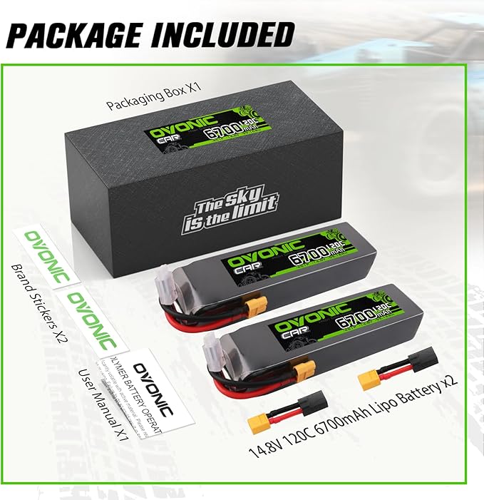 OVONIC 14.8V 4S LiPo Battery 6700mAh 120C with TRA Plug for RC Car RC Truck Airplane Helicopter Boat Car Racing RC Hobby (2 Packs)