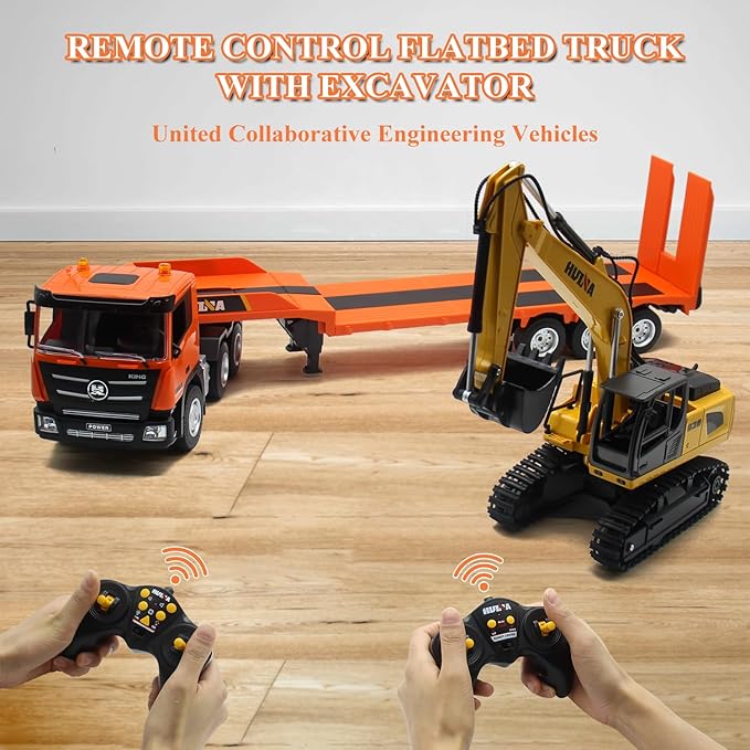 Fistone RC Semi Truck &amp Excavator Toy Set 2.4Ghz Remote Control Flatbed Truck with Excavator Toys 1:24 RC Semi-Trailer Engineering Tractor with Sound and Lights Construction Vehicles Toy for Bo