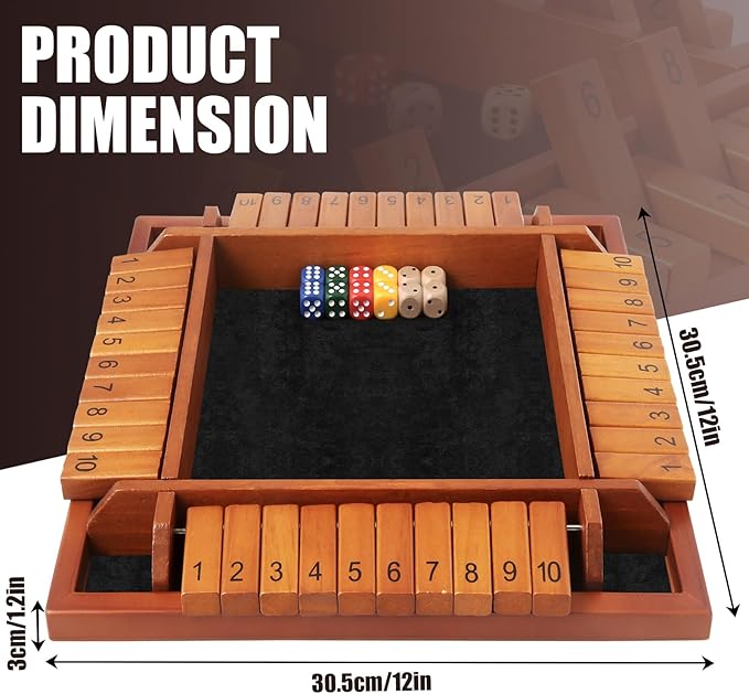 4 Players Shut The Box Dice Games Wooden Board Table Math Game with 12 Dice and Instructions Classics Close The Box Board Game for Adults Kids Family Classroom Home or Bar