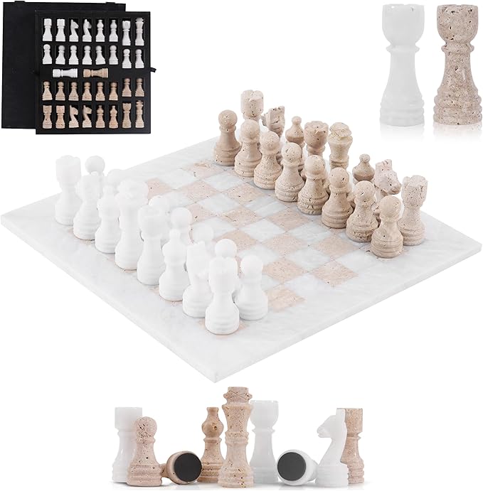 Marble Chess Set 12 Inch Handmade White and Travertine Board Games for Adults with Storage Box Classic Table Chess Board with Chess Pieces &amp 2 Extra Queens Gifts &amp Home Décor