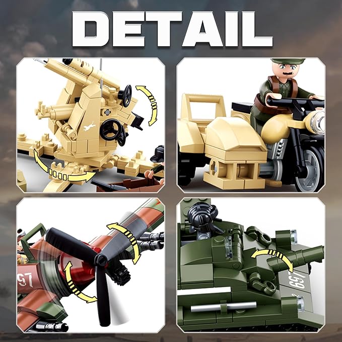Military Base Building Set WW2 Army Model Kit with Tank Motorcycle Fighter 9 Soldier Minifigures Ideal Gifts for Adult Boys Aged 8 9 10 Compatible with Lego Military 988 PCS