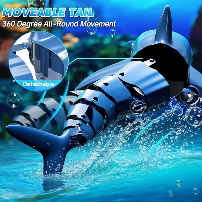 Remote Control Shark Pool Toy with 2.4GHz RC Submarine Boat Robo-Style Fish Tail Fish Pool Toy for Boys Girls Ages 6-12 Water Spray Function -Fun Robo Fish Toys for Kids Outdoor Water Play (Black)