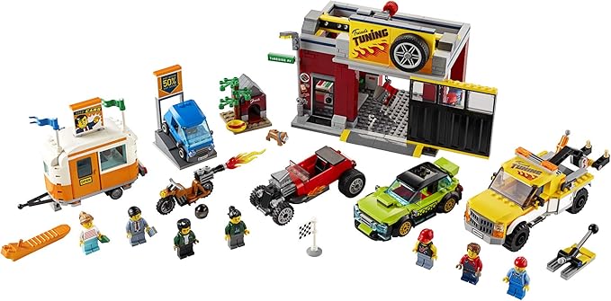 LEGO City Tuning Workshop 60258 Features a Toy Garage Car Shop Camping Trailer Motorcycle Crane and Tow Truck in One Fun Playset Makes a Great Gift for Kids