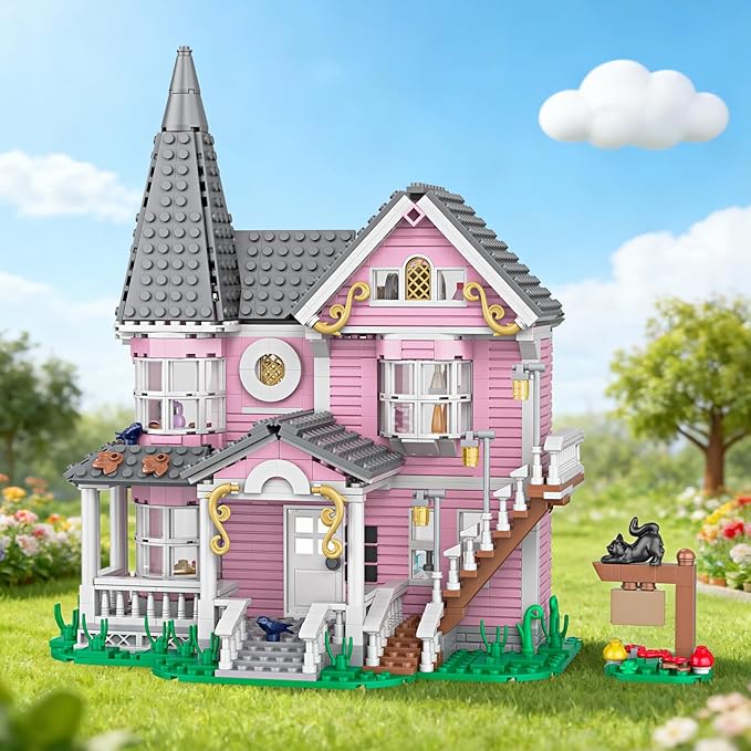 Pink Palace Apartment Building Set Halloween Haunted House Blocks Detailed Castle House Model with Classic European Style Detailed Interior