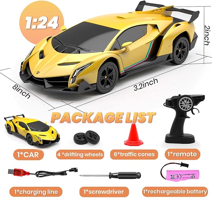 QUN XING Remote Control Car 1:24 Officially Licensed Lambo veneno RC Drift Car with LED Lights 2.4GHz 4WD 15KM/H Fast Speed Control Rechargeable Battery 800mah Birthday for Kids Boys 8-12Yellow