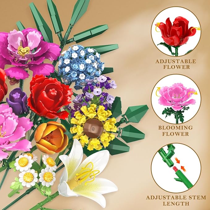 Flower Bouquet Building Set 1043 PCS Bouquet Botanicals Collection Easter Gift for Her Girlfriend Wife 15 Artificial Flowers Building Blocks Home Decor for Adults Kids Teens Women Birthday
