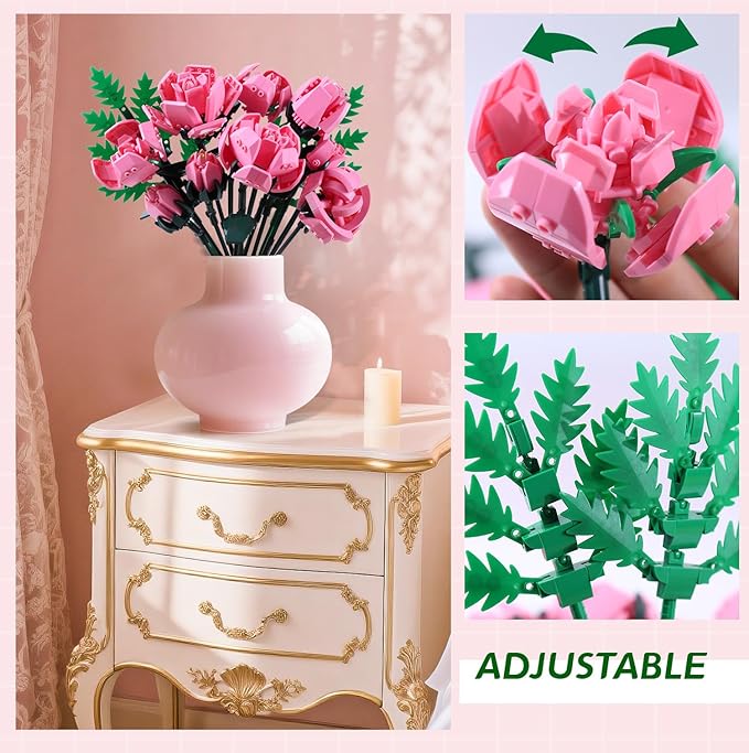 Pink Rose Flower Building Set-10pcs Roses &amp 2pcs Leaves Botanical Collection Artificial Flowers for Home Décor Rose Bouquet Building Kit for Valentine’s Day Christmas Birthday Anniversary (No Va